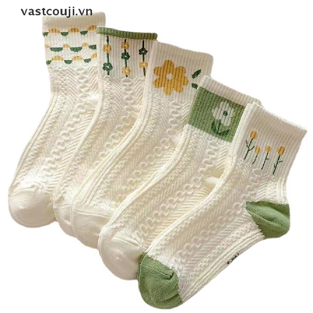 Bộ 5 Đôi Tất Cotton Thấm Hút Mồ Hôi In Họa Tiết Hoa Nhỏ Xinh Xắn Phong Cách Nhật Bản