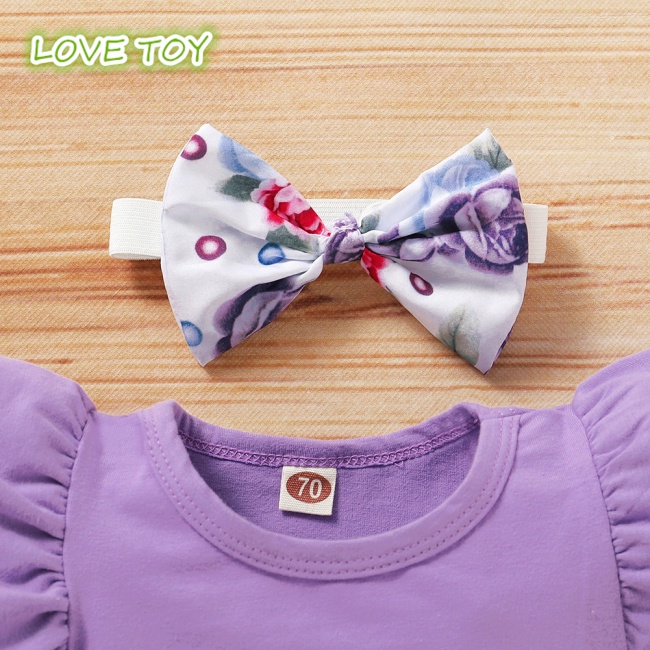 Set Đồ 3 Món Gồm Áo Liền Quần Cotton Cổ Tròn Tay Bay + Quần Ngắn + Băng Cài Đầu Cho Bé Gái 0-1 Tuổi