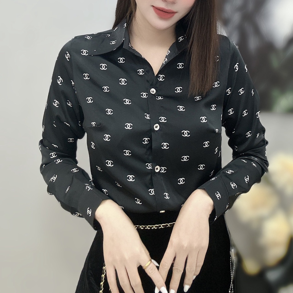 Áo sơ mi họa tiết nữ lụa dài tay cao cấp công sở họa tiết chữ cc đan nhỏ nền đen trắng , áo sơ mi thiết kế NK Official