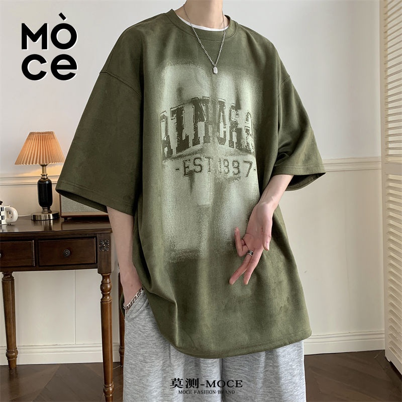 Áo Thun Da Lộn Tay Ngắn Dáng Rộng In Chữ Mo Measured Phong Cách Hip Hop Đường Phố Mỹ Thời Trang Mùa Hè Cho Nam