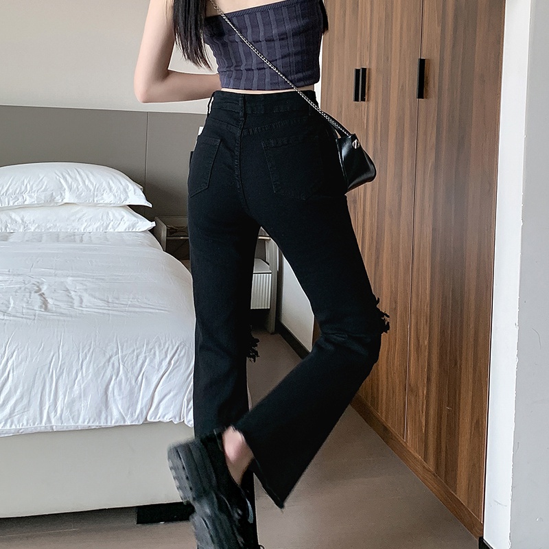 Quần Jean Đen Eo Cao Rách Cá Tính Năng Động Phong Cách Retro Hàn Quốc Cho Bạn Gái