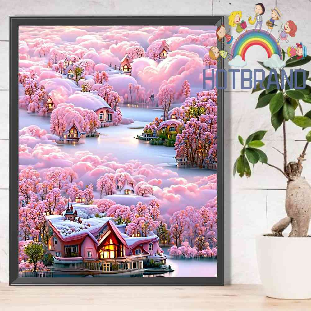 Tranh Đính Đá Kim Cương Toàn Bộ 5D DIY Hình Vẽ Biệt Thự Núi Và Hoa