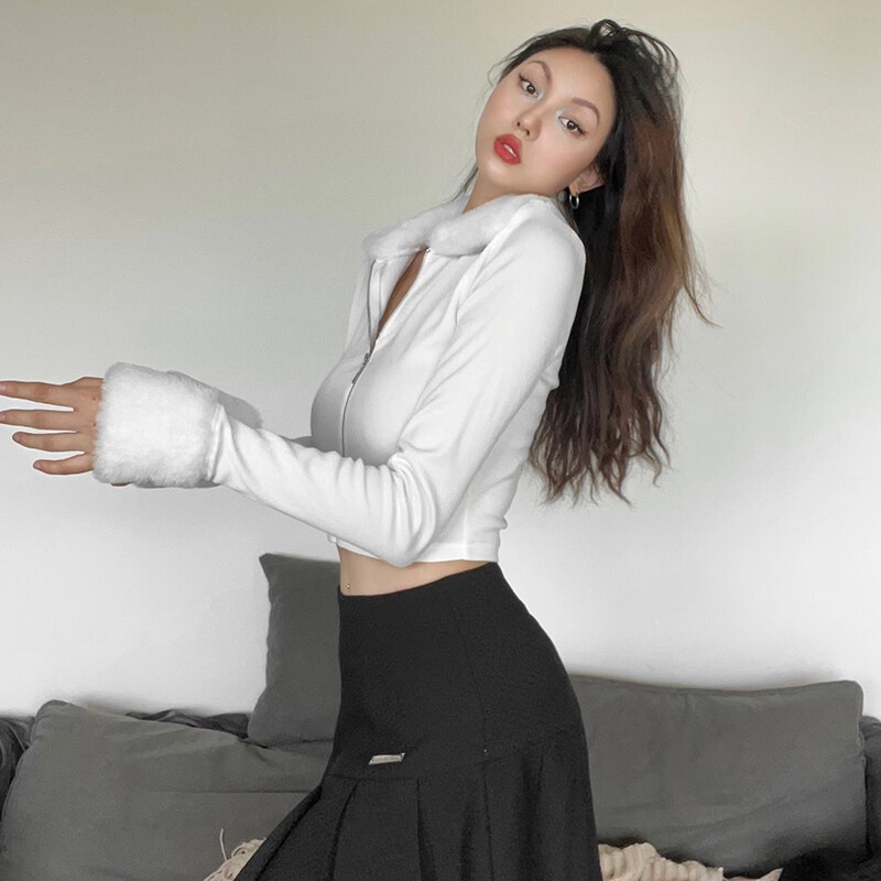 Kliou 2023 Mới Áo Khoác Ngắn Dáng Ôm Co Giãn Tốt Phối Khóa Kéo Màu Trắng Thời Trang Đường Phố Mới 2023 Cho Nữ