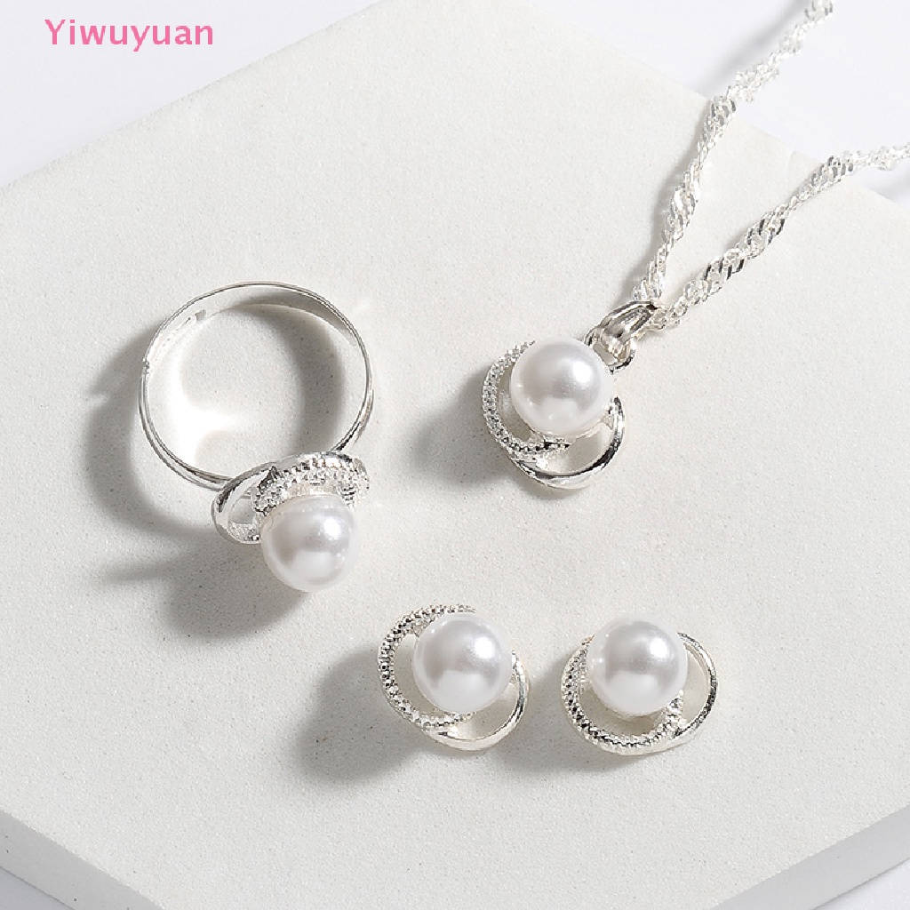 Bộ Vòng cổ + Nhẫn + Bông Tai Mạ Bạc Hình Hoa &amp; Bướm Đính Ngọc Trai Nhân Tạo Cho Nữ