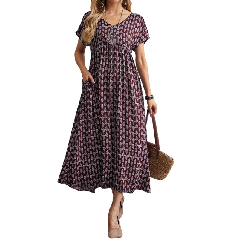 Đầm Tay Ngắn Cổ Chữ V Lưng Cao Họa Tiết Thổ Cẩm Thanh Lịch Cho Nữ