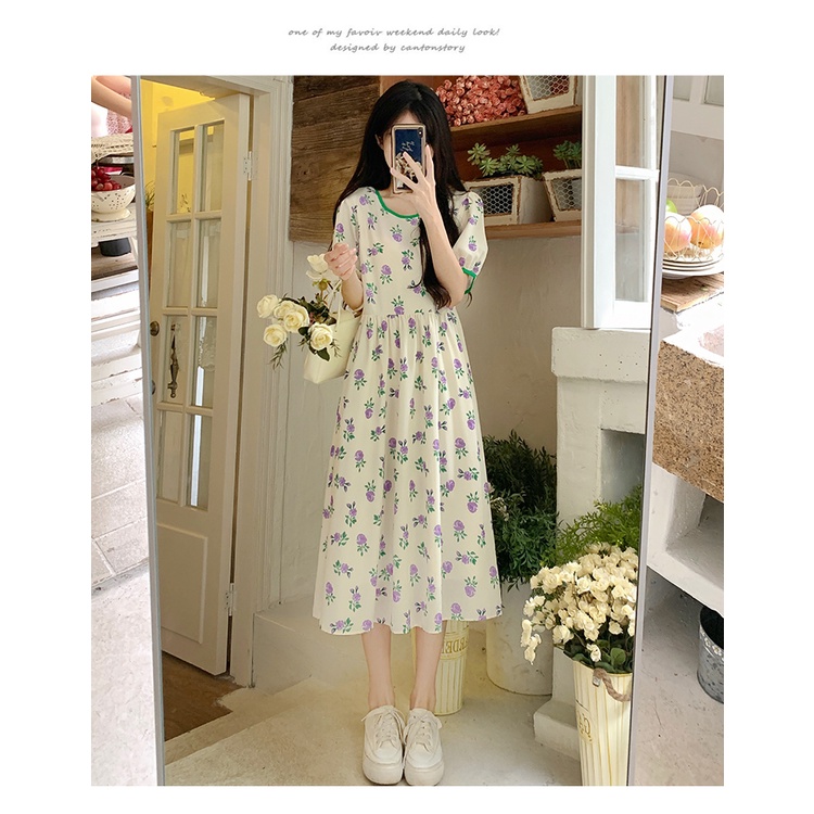 Đầm midi SUXI dáng chữ A tay ngắn in hoa thời trang mùa hè xinh xắn cho nữ