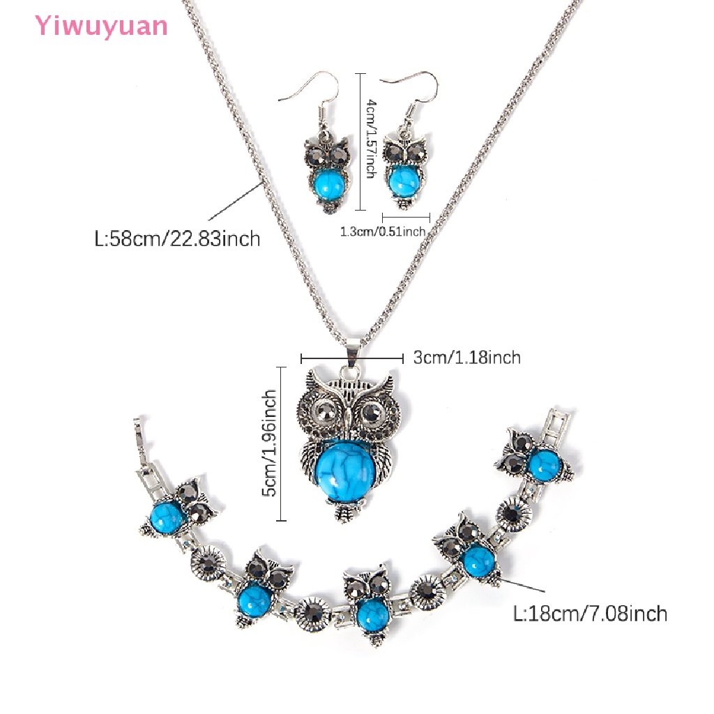 < Yiwuyuan > Bộ Trang Sức Vòng Cổ / Vòng Tay / Bông Tai Hình Cú Mèo Đính Đá Ngọc Lam Phong Cách Vintage