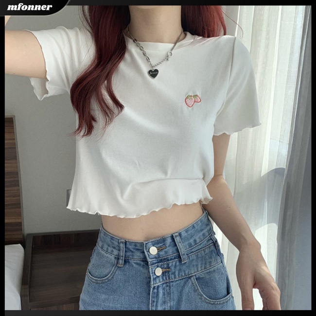Áo Croptop Ngắn Tay Cổ Tròn Thêu Họa Tiết Ngọt Ngào