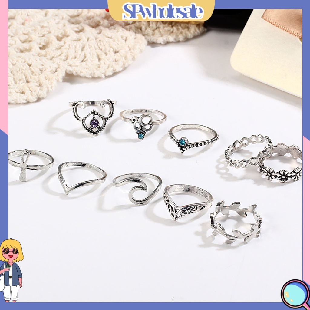 <SPwholesale> Bộ 10 Nhẫn Đeo Đốt Ngón Tay Kiểu Dáng Vintage Cho Nữ
