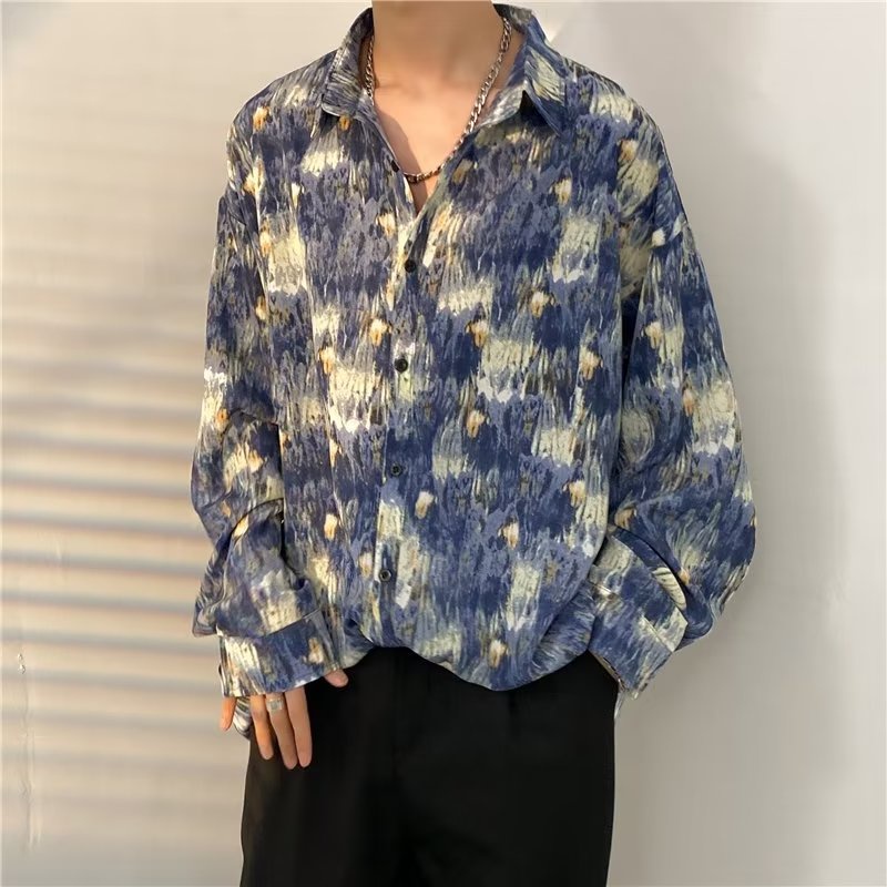 Áo Sơ Mi Nam Dài Tay Dáng Rộng Họa Tiết Tranh Sơn Dầu Phong Cách Mỹ Thời Trang