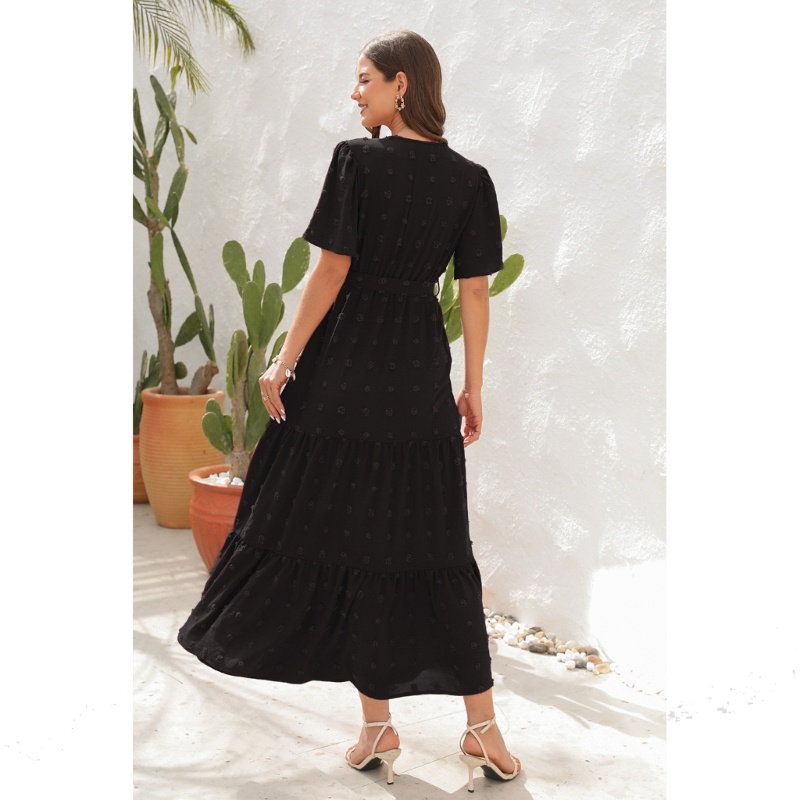 Đầm Maxi Chữ A Tay Ngắn Cổ Chữ V Họa Tiết Chấm Bi Phong Cách Boho Dành Cho Nữ