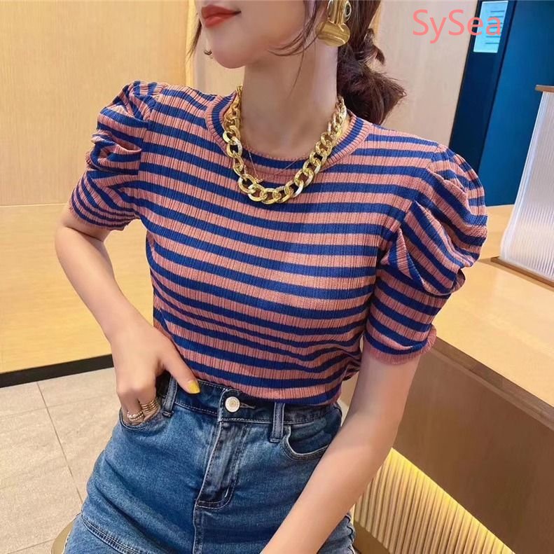 Áo Dệt Kim Tay Phồng Họa Tiết Kẻ Sọc Thời Trang Mùa Hè Hàn Quốc Cho Nữ
