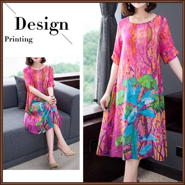 Đầm Tay Ngắn Cổ Tròn Dáng Rộng Chất Liệu Lụa Lạnh In Họa Tiết Thời Trang Cho Nữ