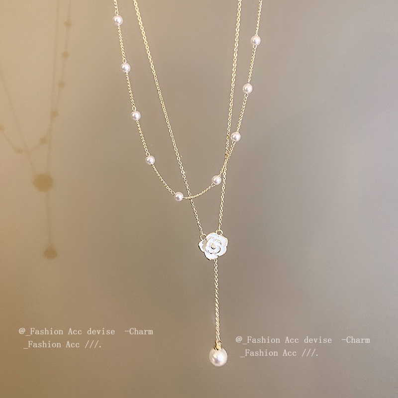 Vòng cổ Mạ Vàng Mặt Hoa Trà Đính Ngọc Trai Thanh Lịch Cho Nữ