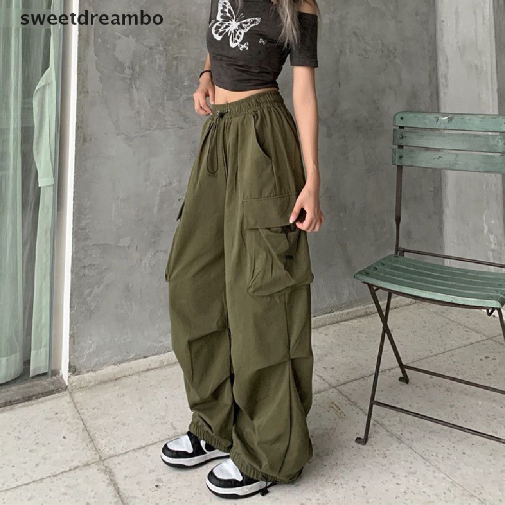 Quần baggy cạp cao ống rộng có túi phong cách harajuku thời trang Hàn Quốc cho nữ Y2K