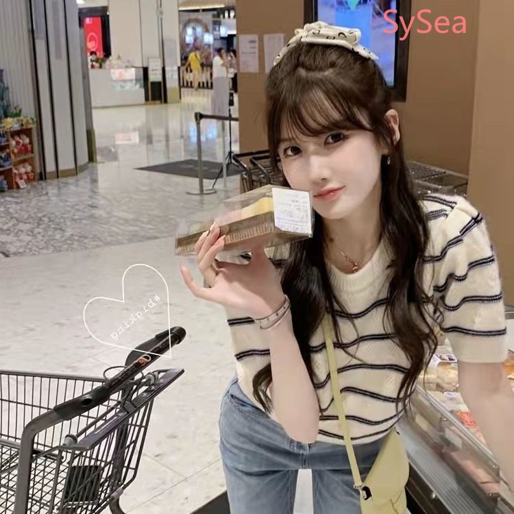 Áo Dệt Kim Cổ Tròn Họa Tiết Kẻ Sọc Thời Trang Mùa Hè Hàn Quốc Cho Nữ