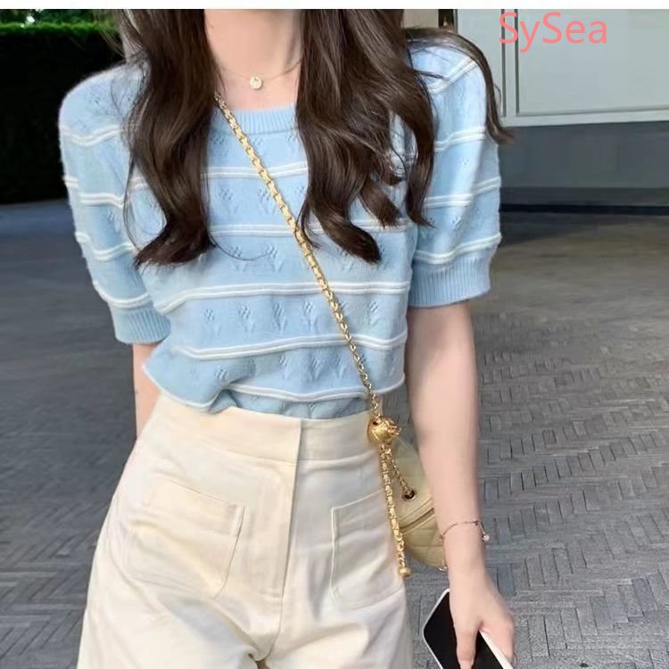 Áo Dệt Kim Cổ Tròn Họa Tiết Kẻ Sọc Thời Trang Mùa Hè Hàn Quốc Cho Nữ