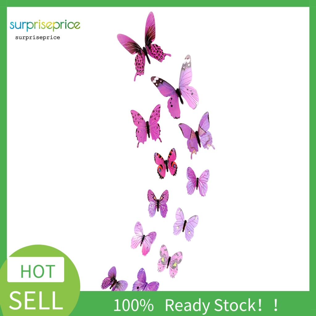 Bộ 12 Miếng Dán Tường Trang Trí Hình Bướm 3D Màu Dạ Quang Tháo Được