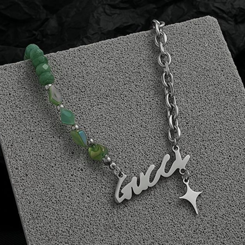 Vòng cổ Thép Titan Đính Đá Ngọc Bích Phong Cách hip hop Thời Trang Cho Nam Và Nữ