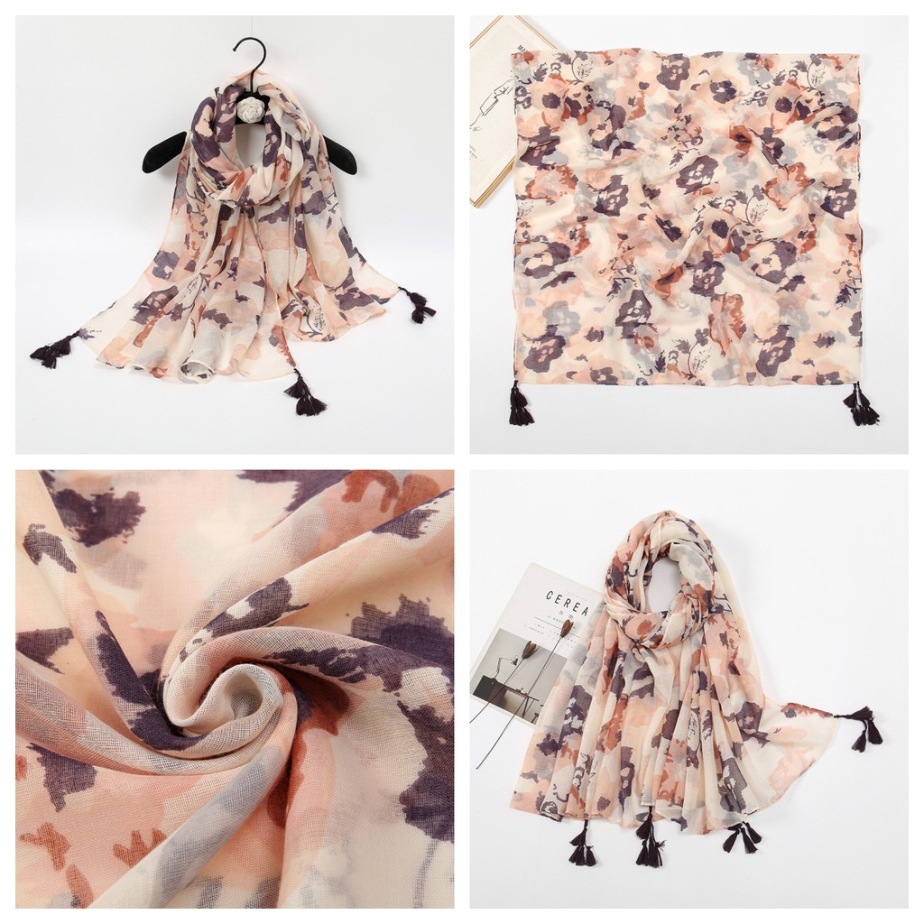 Khăn Choàng Cổ Bằng Cotton Phối Tua Rua In Họa Tiết Phong Cách Retro 180-90cm