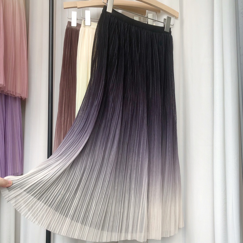 Chân Váy Chữ A Lưng Cao Phối Lưới Màu Gradient Thời Trang Mùa Hè Cho Nữ