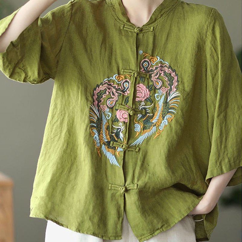 Áo Thun Dáng Rộng Cổ Đứng Cài Nút Thời Trang Mùa Hè Cho Nữ