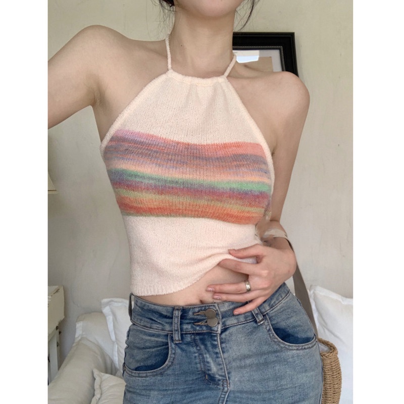 Áo Hai Dây Dệt Kim Kẻ Sọc RENJIANVSHENG Nhiều Màu Thời Trang Mùa Hè