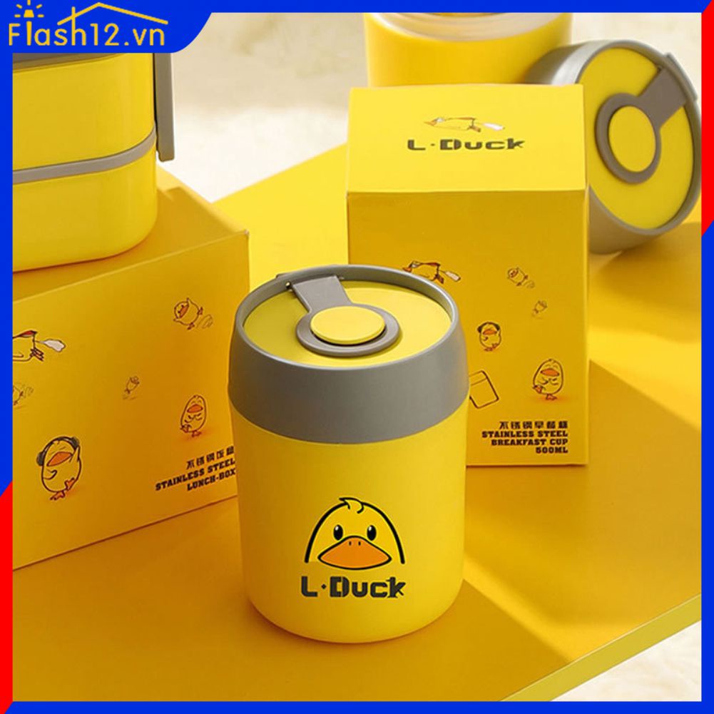 Hộp Cơm Trưa Cách Nhiệt Hình Vịt Nhỏ Màu Vàng 500ML Cốc Ăn Sáng Có Nắp Và Thìa Cốc Súp Cầm Tay Bằng Thép Không Gỉ Flash12 _ VN
