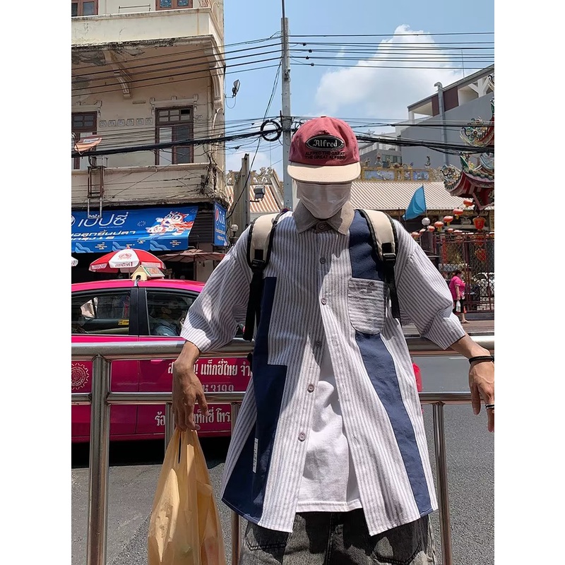 Áo Sơ Mi Tay Ngắn Kẻ Sọc Màu Sắc Tương Phản Cá Tính Cho Nam