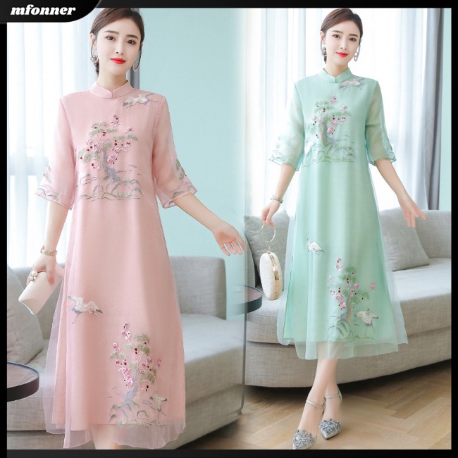 Đầm Chữ A Tay Lửng Dáng Rộng Thêu Họa Tiết Dân Tộc Trung Hoa Thời Trang Mùa Hè Dành Cho Bạn Nữ