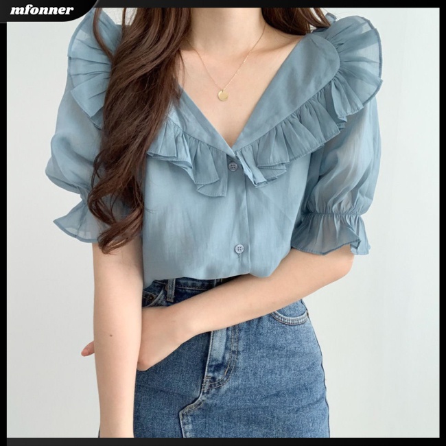 Áo Chiffon Tay Phồng Ngắn Cổ Chữ V Thoáng Khí Thời Trang Mùa Hè Cho Nữ