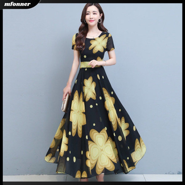 Đầm Voan Hoa Ngắn Tay Cổ Tròn Ôm Eo Thời Trang Mùa Hè Dành Cho Nữ