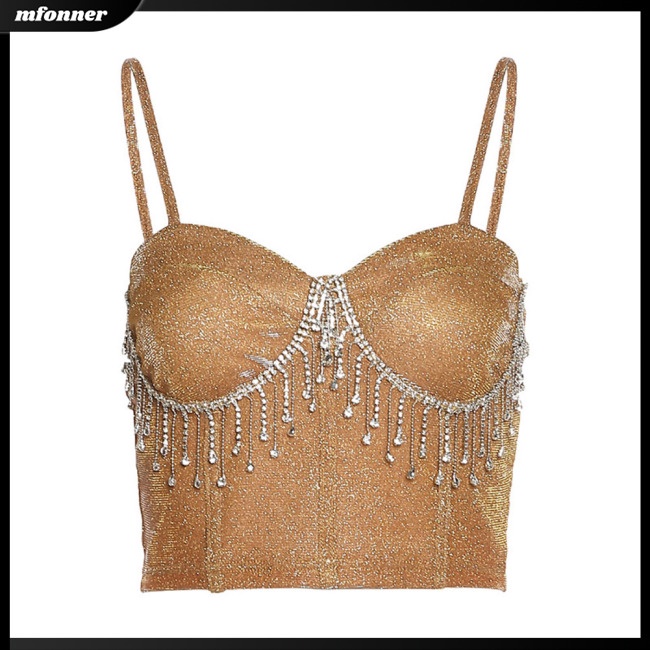 Áo Croptop Sát Nách Cổ Thuyền Dáng Ôm Đính Đá Phối Tua Rua Gợi Cảm Cho Bạn Gái