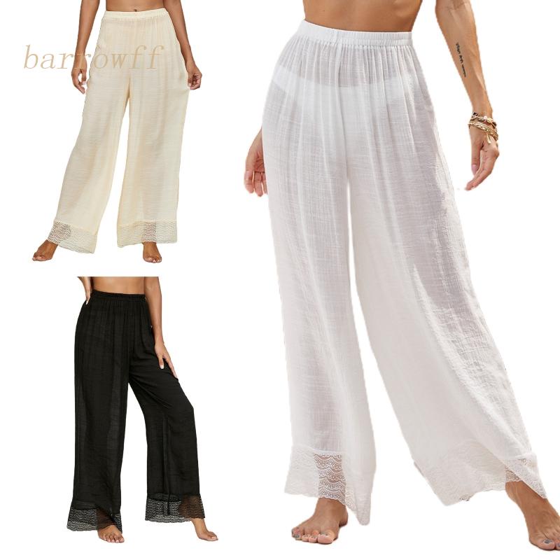 Brroa Quần Ngủ Cotton Lanh Ống Rộng Phối Ren Lưng Cao Xuyên Thấu Cho Nữ