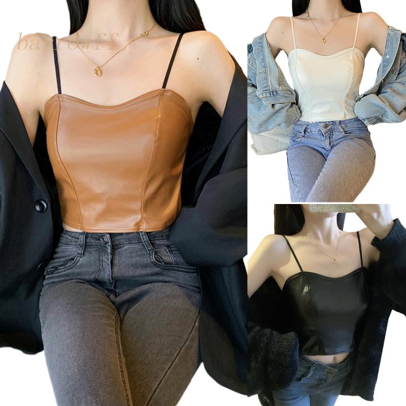 Brroa Áo Croptop Giả Da Hai Dây Cổ Thấp Có Đệm Ngực Gợi Cảm