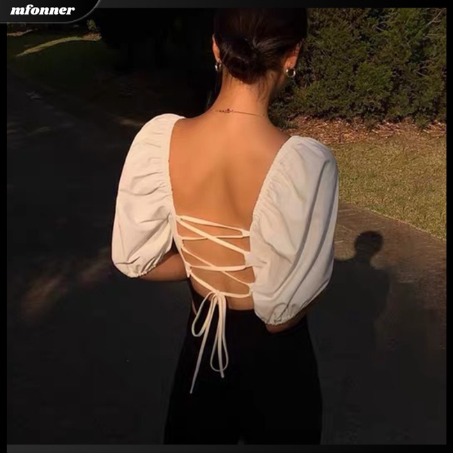 Áo Thun Croptop Cotton Cổ Vuông Tay Phồng Hở Lưng Màu Sắc Đa Dạng Cho Nữ