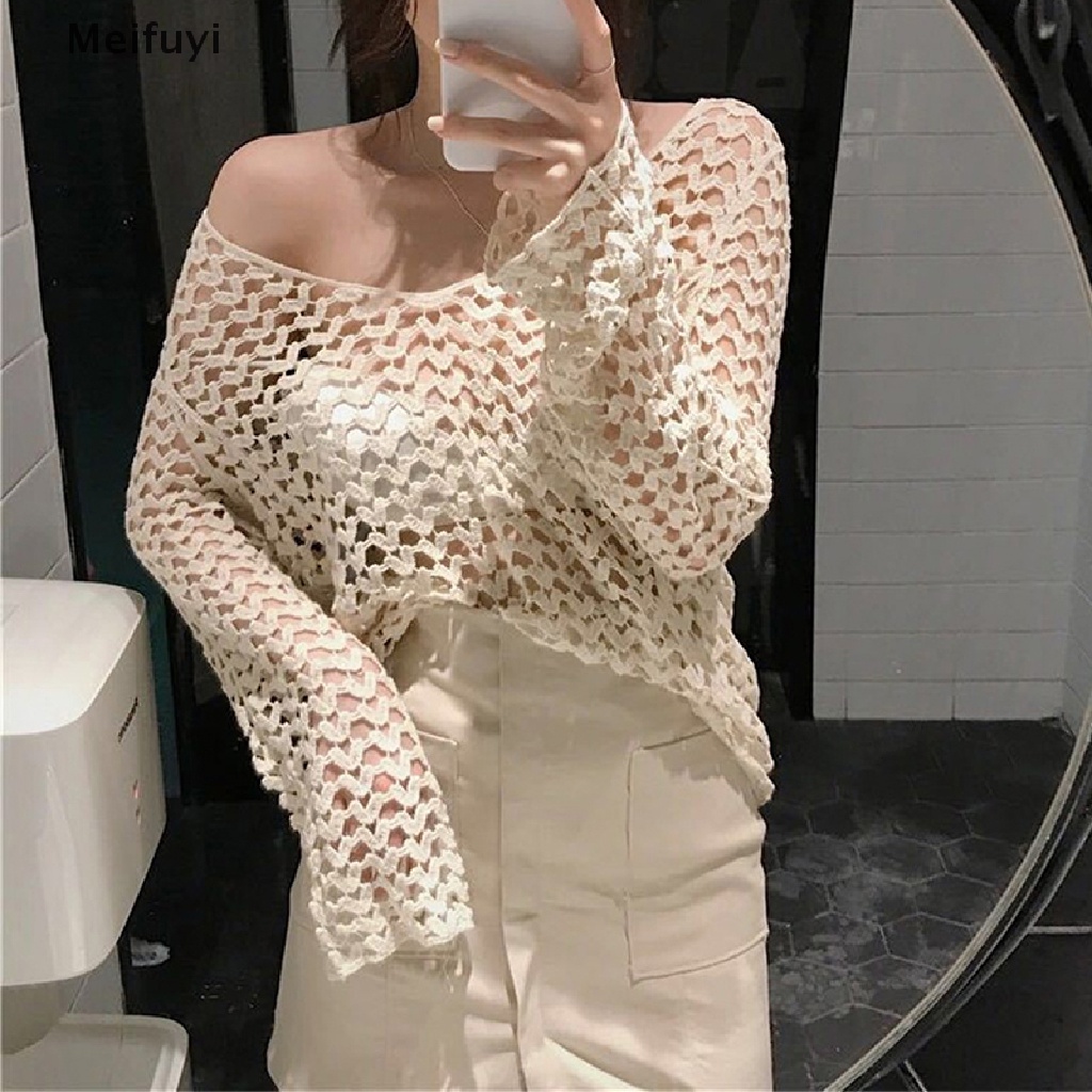 [Meifuyi] Áo Dệt Kim Dáng Rộng Tay Loe Dài Phối Lưới Rỗng Thời Trang Mùa Hè Cho Nữ