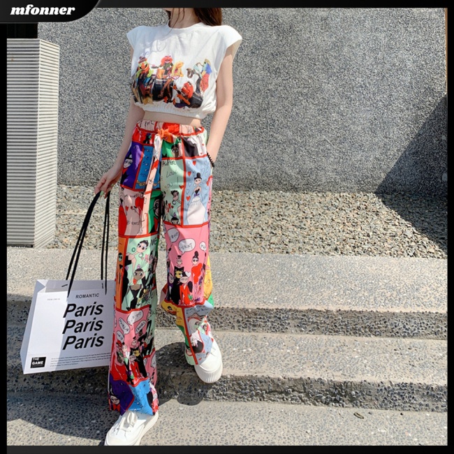 Set Đồ 2 Món Áo Croptop Sát Nách In Họa Tiết Graffiti Phối Quần Dài Ống Rộng Thời Trang Cá Tính Cho Nữ