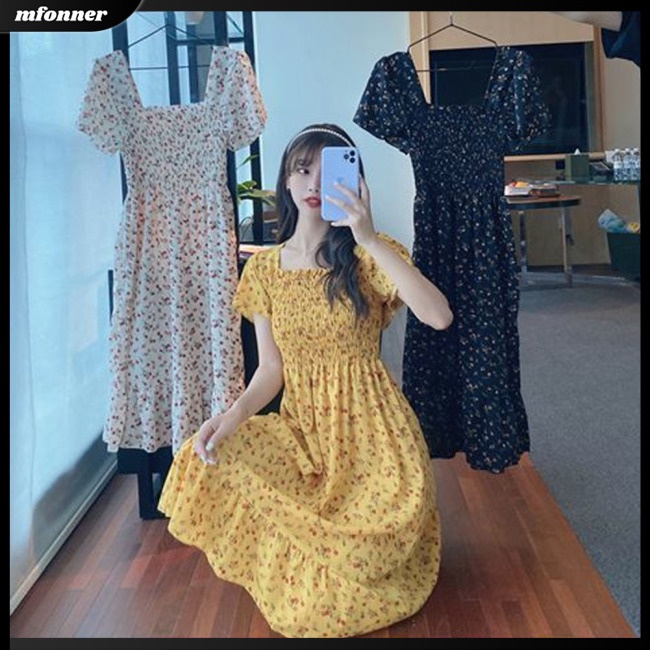 Đầm Chiffon Cổ Vuông Họa Tiết Hoa Phong Cách Pháp Ngọt Ngào Thời Trang Xuân Hè Cho Nữ