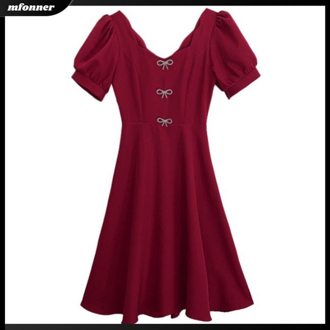 Đầm Chữ A Tay Ngắn Phồng Cổ Vuông Màu Trơn Trang Nhã Dành Cho Nữ