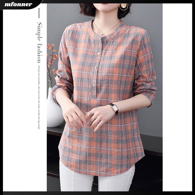 Áo Sơ Mi Cotton Lanh Tay Dài Cổ Tròn Kẻ Sọc Nhiều Màu Thoáng Khí Phong Cách Retro Cho Nữ