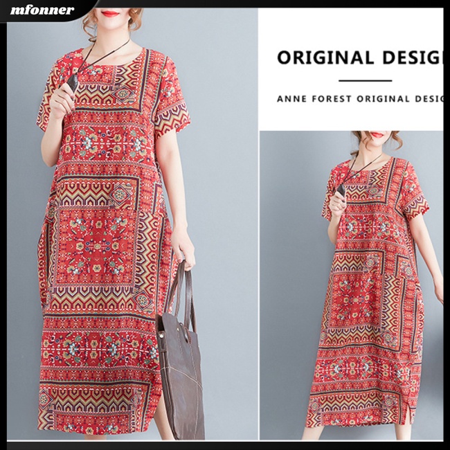 Đầm Cotton Pha Dáng Rộng Cổ Tròn Tay Ngắn In Họa Tiết Dân Tộc Cổ Điển Thời Trang Cho Nữ