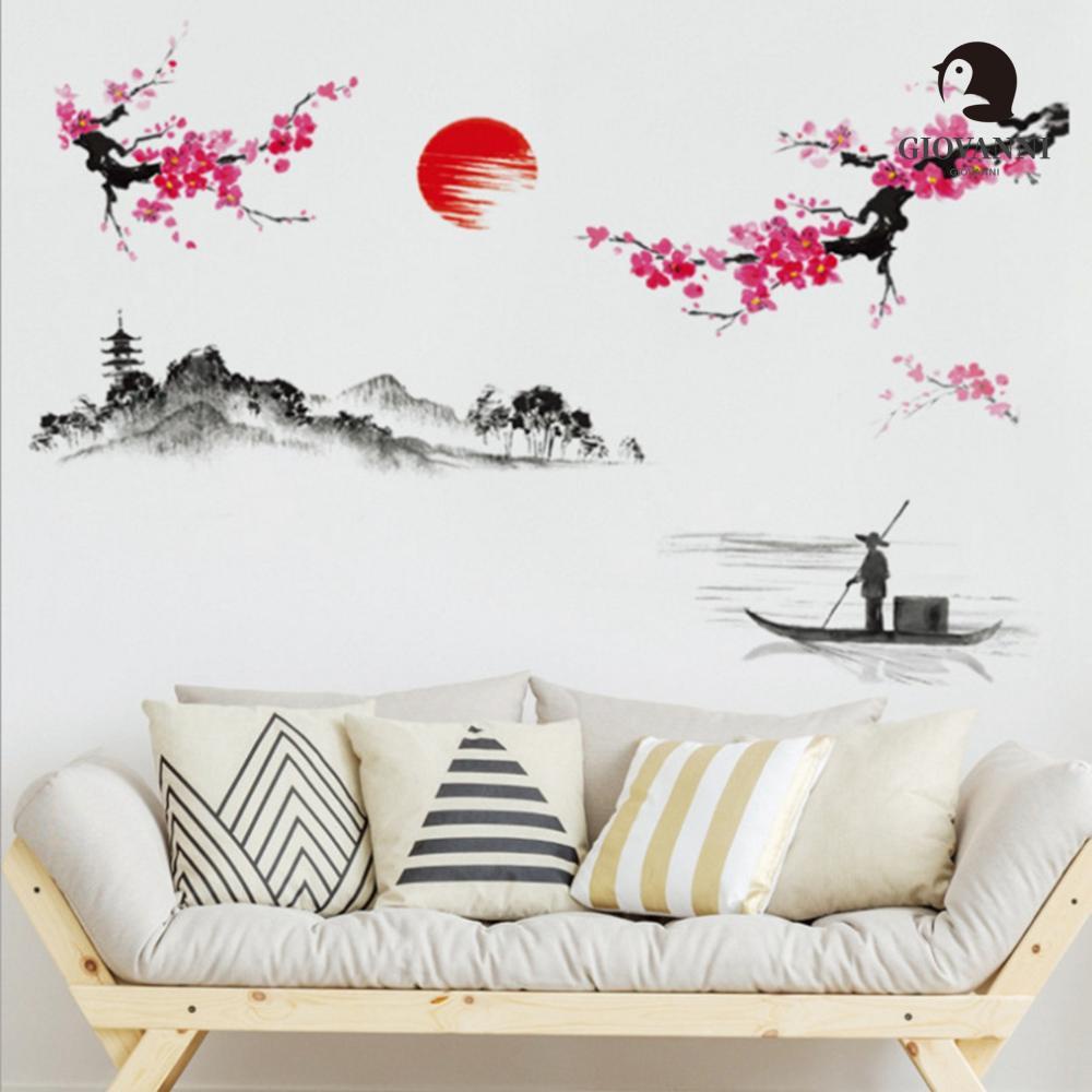 Sticker Dán Tường Tự Dính Họa Tiết Cảnh Mặt Trời Mọc Trung Quốc Trang Trí Phòng Khách