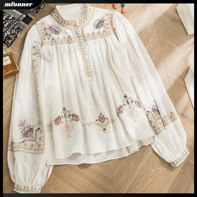 Áo Sơ Mi Tay Phồng Cổ Đứng Màu Trơn In Họa Tiết Phong Cách Retro Thời Trang Cho Nữ