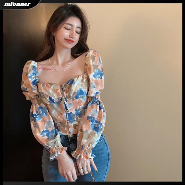 Áo Kiểu Tay Phồng Cổ Thuyền In Họa Tiết Hoa Thắt Nơ Xinh Xắn Thời Trang Cho Nữ