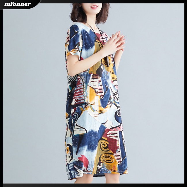 Đầm Midi Tay Ngắn In Họa Tiết Thổ Cẩm Cổ Điển Thời Trang Mùa Hè Xinh Xắn Cho Nữ