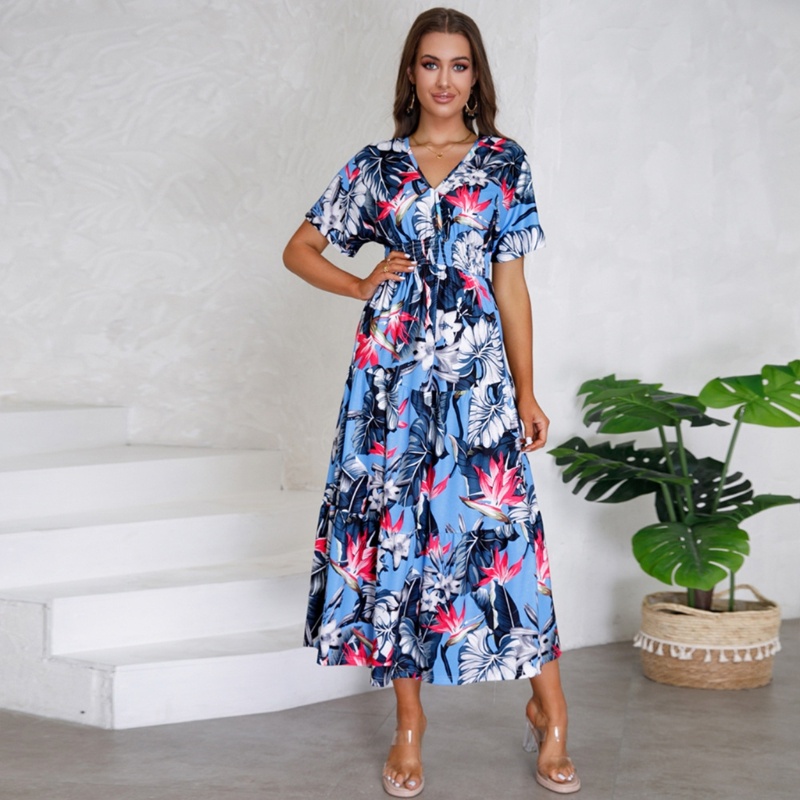 Đầm Xòe Ngắn Tay Cổ Chữ V In Hoa Thời Trang Cho Nữ