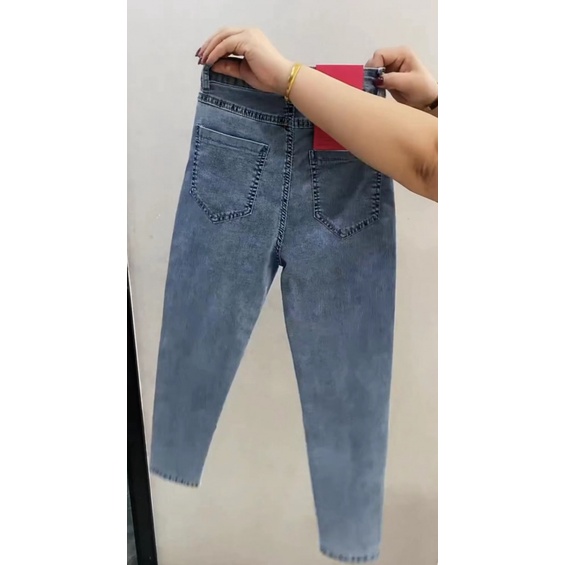 Quần Jean Lưng Cao Dáng Bút Chì Rách Gối Phối Ren Đính Hạt Thời Trang Mùa Xuân Kiểu Phương Tây Cho Nữ