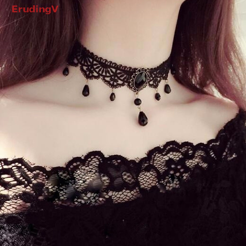 [ErudingV] Vòng Cổ Choker Ren Đen Đính Đá Pha Lê Phong Cách Gothic Quyến Rũ