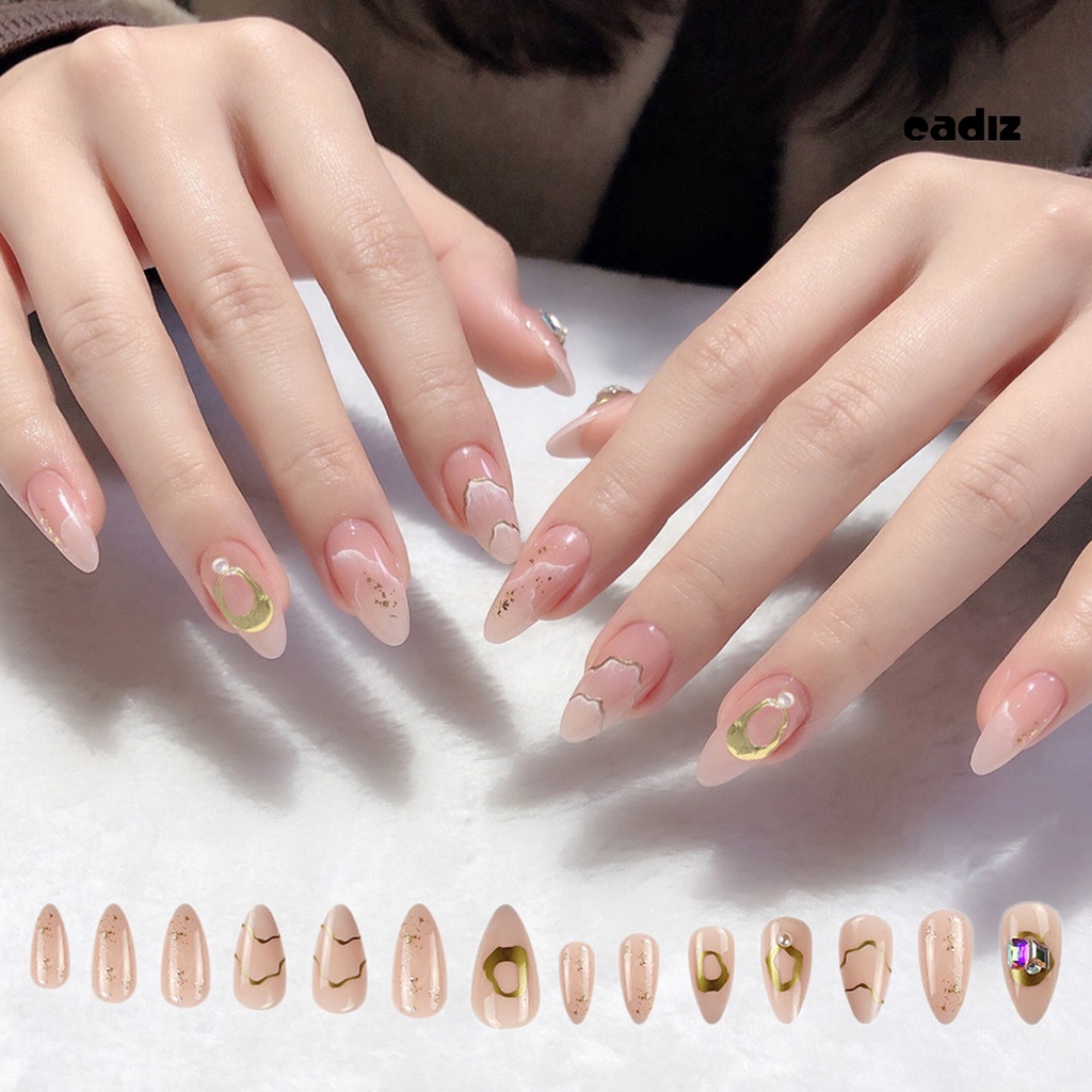 1 Bộ 24 Móng Tay Giả Có Keo Dạng Nhấn Màu Hồng Lấp Lánh Phong Cách Pháp Cho Salon